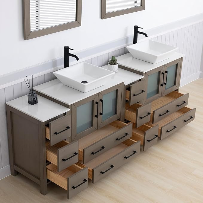 Vanity Art 84 Inch Vessel Double Sink Bathroom Vanity Cabinet with 2 Mirrors, Engineered Marble Top Bathroom Cabinet Compact Set with 10 Dovetail Drawers and Soft Closing Doors, VA3130-84DG