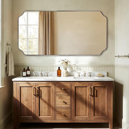 30"x60" Large Bathroom Mirror, Brushed Nickel Rectangle Scalloped Mirror, Modern Full Length Wall Mirror with Rust-Proof Stainless Steel Frame, Hangs Vertically or Horizontally