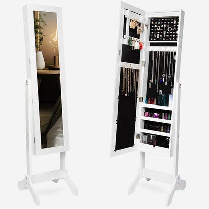 Standing Jewelry Cabinet – Full Length Mirror Jewelry Armoire Organizer with Lock, LED Lights & Multiple Storage Compartments