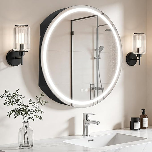 WallBeyond 28 in Round LED Medicine Cabinet with Mirror, Black Bathroom Cabinet with Storage, 3 Color Stepless Dimmable Lights, Anti-Fog, Memory Function, Hardwired, Surface Mount
