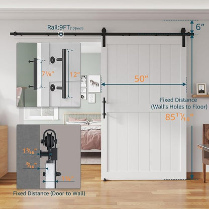50''x84'' Sliding Barn Door with 8 Ft Barn Door Hardware Kit& Handle& Floor Guides,Pre-Drilled Holes Easy Assembly - Include Installation Manual, Water-Proof PVC Surface, H-Frame, White