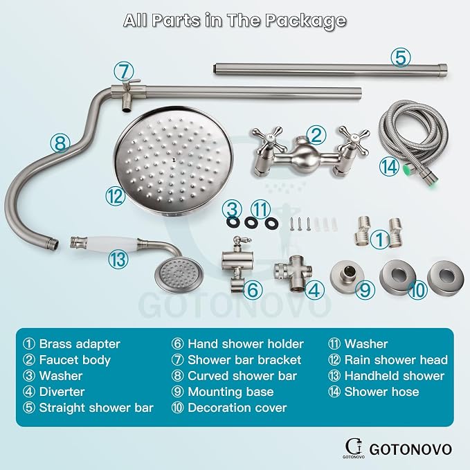 gotonovo Exposed Shower Faucet Set Luxury,Brushed Nickel,Curved Arc Rod | Bathroom 8” Shower Head with Handheld Spray System Fixtures,Vintage Two Cross Handle,Wall Mount,for 5-6.7" Hole,Adjust Height