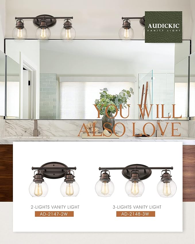 3-Light Farmhouse Bathroom Vanity Light Over Mirror | Oil Rubbed Bronze Vanity Lighting Fixture with Globe Clear Glass, Metal Frame, Wall Mounted, AD-2148-3W