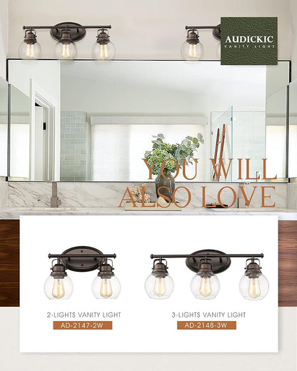 3-Light Farmhouse Bathroom Vanity Light Over Mirror | Oil Rubbed Bronze Vanity Lighting Fixture with Globe Clear Glass, Metal Frame, Wall Mounted, AD-2148-3W