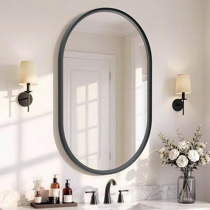 Black Pill Oval Mirror for Bathroom 24x36 Inch | Small Vanity Mirror, Crystal-Clear HD Glass, Rust-Proof Aluminum Frame, Inner-Curved Decor for Bedroom, Entryway Renovation