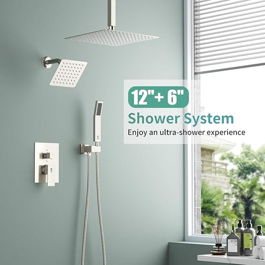 Shower Faucet Set Shower System - SR SUN RISE Brushed Nickel Shower Trim Kit with Dual Shower Head, 12'' Ceiling Rainfall 6'' Wall Mount with Handheld Shower for Couples, Complete 6 Diverter Valve