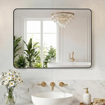 NEWBULIG Bathroom Mirror 30X40 Inch, Vanity Mirror for Wall | Rectangle Rounded Corners, Metal Frame Over Sink, Entryway Bedroom Hang, Horizontal or Vertical, Black
