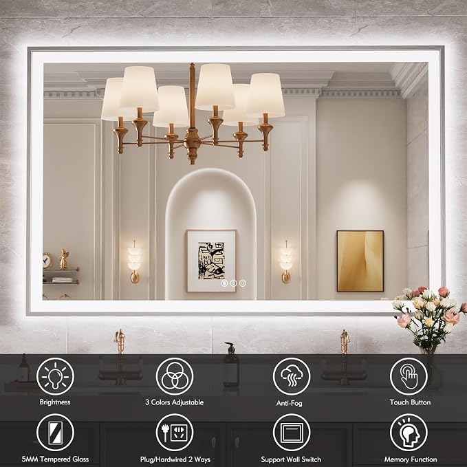 55x36 Inch LED Bathroom Mirror with Silver Frame | Silver Metal Frame, Front and Backlit, 3 Colors, Dimmable, Memory, Anti Fog, Tempered Glass, Lighted Mirror for Wall