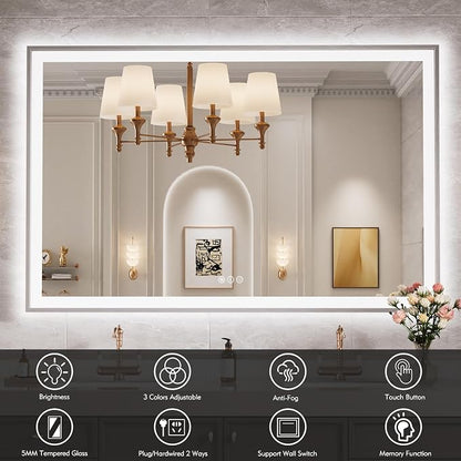 55x36 Inch LED Bathroom Mirror with Silver Frame | Silver Metal Frame, Front and Backlit, 3 Colors, Dimmable, Memory, Anti Fog, Tempered Glass, Lighted Mirror for Wall