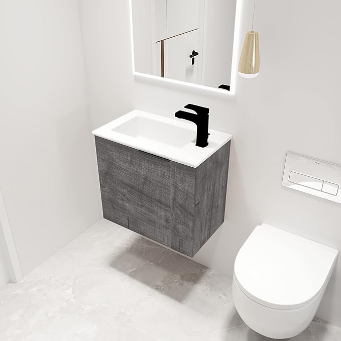 22" Floating Bathroom Vanity with Sink, Mordern Grey Vanity Combo for Small Bathroom, Single Bath Wall Mounted Cabinet Side for Narrow Space, 1 Door and 1 Ceramics Basin. (002-Plaid Grey Oak, 22 * 13)