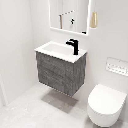 22" Floating Bathroom Vanity with Sink, Mordern Grey Vanity Combo for Small Bathroom, Single Bath Wall Mounted Cabinet Side for Narrow Space, 1 Door and 1 Ceramics Basin. (002-Plaid Grey Oak, 22 * 13)