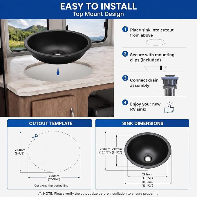 LQS Small RV Sink, Black Oval RV Bathroom Sink, 13.39 x 10.63 Inch | Drop-In Black Bathroom Sink for RVs, Stainless Steel Oval Small Sink with 5.12-Inch Depth and Drain Assembly Included