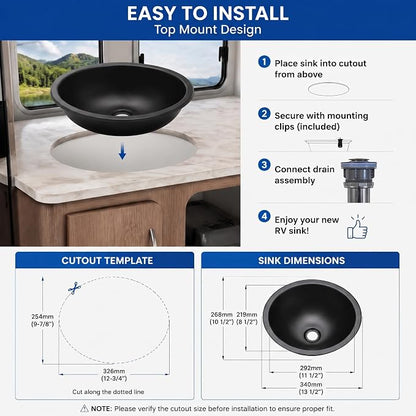 LQS Small RV Sink, Black Oval RV Bathroom Sink, 13.39 x 10.63 Inch | Drop-In Black Bathroom Sink for RVs, Stainless Steel Oval Small Sink with 5.12-Inch Depth and Drain Assembly Included