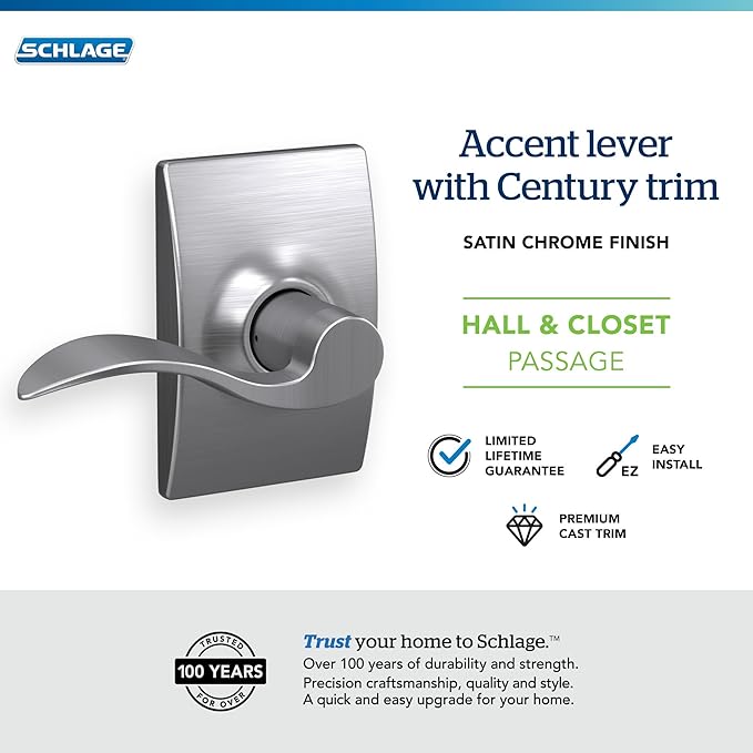 SCHLAGE Century Trim with Accent Hall and Closet Lever, Satin Chrome (F10 ACC 626 CEN)