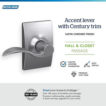 SCHLAGE Century Trim with Accent Hall and Closet Lever, Satin Chrome (F10 ACC 626 CEN)