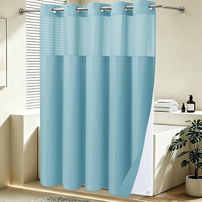 SORTTO No Hook Shower Curtain with Snap in Liner Set Waffle Shower Curtain for Bathroom Hotel Style Fabric Waterproof Inner Liner，71" W x 74" H, Cyan