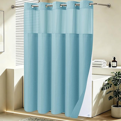 SORTTO No Hook Shower Curtain with Snap in Liner Set Waffle Shower Curtain for Bathroom Hotel Style Fabric Waterproof Inner Liner，71" W x 74" H, Cyan