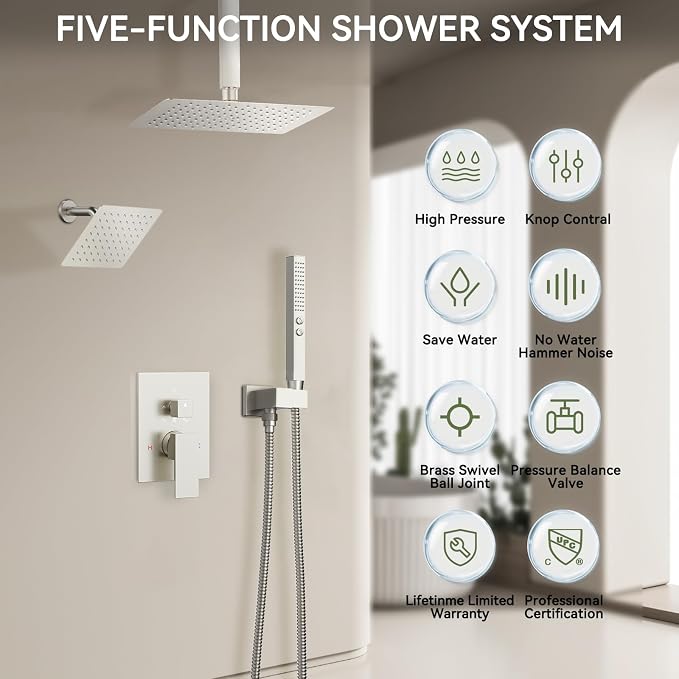 Shower Faucet Sets 12'' Ceiling Mount Shower Systems,Bostingner Five Function Diverter Dual Head Shower Set,6’‘ Wall Mount Rainfall Shower System with 2 in 1 Handheld Spray Brushed Nickel