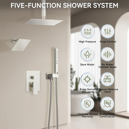 Shower Faucet Sets 12'' Ceiling Mount Shower Systems,Bostingner Five Function Diverter Dual Head Shower Set,6’‘ Wall Mount Rainfall Shower System with 2 in 1 Handheld Spray Brushed Nickel