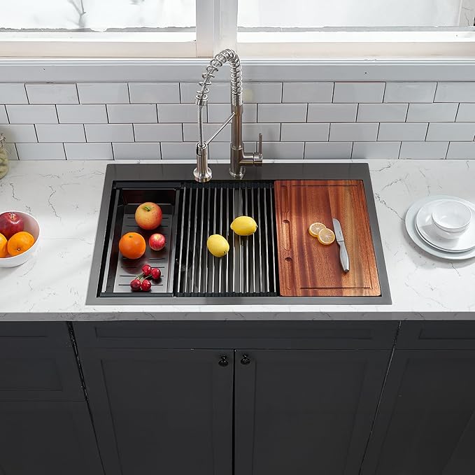 KINGO HOME 33x22 Double Bowl Kitchen Sink 33 Inch Black, Stainless Steel Drop in Double Basin Kitchen Sinks, Topmonut 50/50 Framhouse Sinks Workstation Sink with Accessories