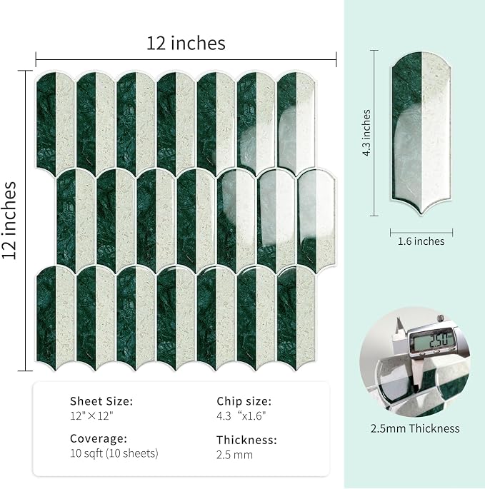 10-Sheet Upgraded Thicker Peel and Stick Kitchen Backsplash Tiles,Waterproof Self-Adhesive Vinyl Wall Tile Stick on Backsplash for Kitchen,Bathroom,Fireplace and RV(Green,12"×12")