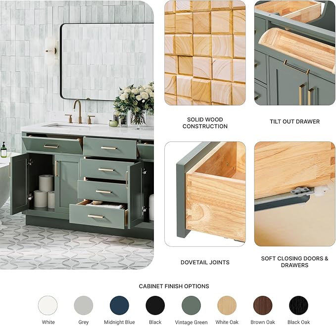 Isabella 72-inch Vintage Green Bathroom Vanity with Left & Right Rectangle Double Sinks, Carrara White Quartz Countertop & Backsplash, Solid Wood Frame, Soft-Closing & Dovetail Drawers