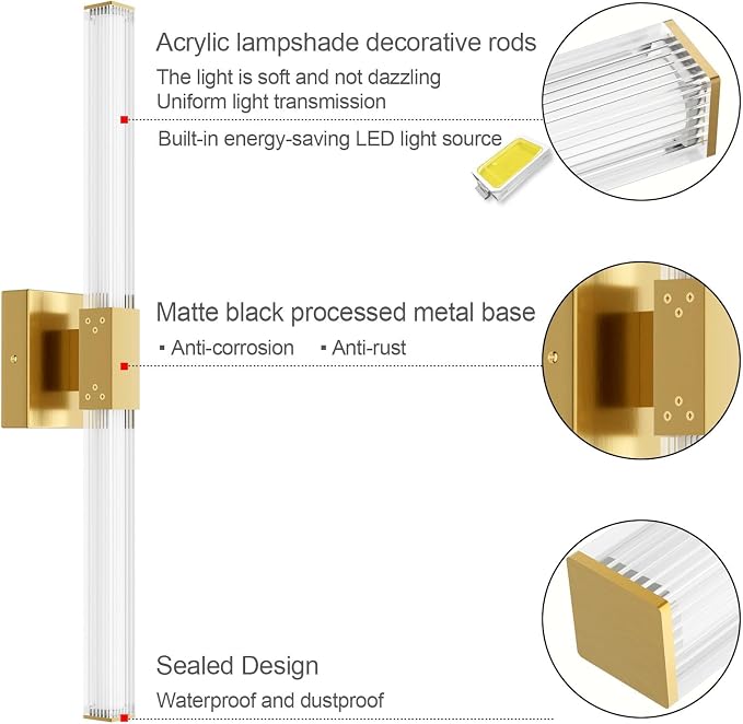 Ralbay 24inch Gold Bathroom Vanity Light Bar 22W Modern LED Vanity Lights Gold Bathroom Wall Mounted Light Fixtures Over Mirror(5500K White Light)