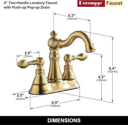 Two Handle Brushed Gold Bathroom Faucet 3 Hole with Plastic Overflow Pop-Up Drain,Swivel Spout Bathroom Sink Faucet 4 Inch Centerset,Meets cUPC NSF 61-9 AB1953,F-0048-BG