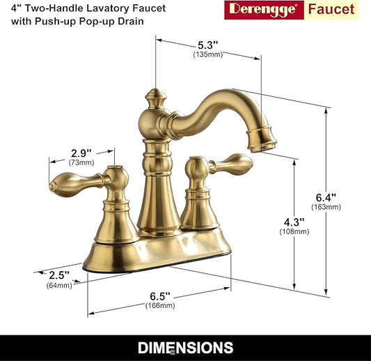 Two Handle Brushed Gold Bathroom Faucet 3 Hole with Plastic Overflow Pop-Up Drain,Swivel Spout Bathroom Sink Faucet 4 Inch Centerset,Meets cUPC NSF 61-9 AB1953,F-0048-BG