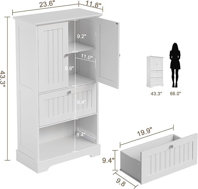 Treocho Bathroom Floor Cabinet with 2 Drawers and Adjustable Shelf | Bathroom Storage Cabinet, Freestanding Cupboard Pantry for Kitchen, Living Room, Dining Room, White