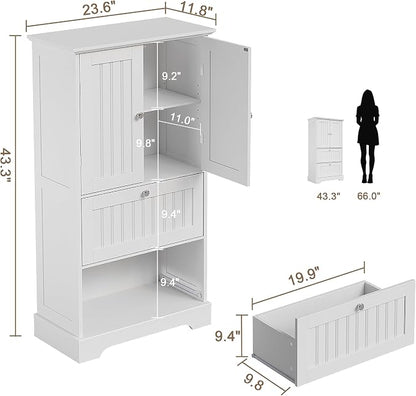 Treocho Bathroom Floor Cabinet with 2 Drawers and Adjustable Shelf | Bathroom Storage Cabinet, Freestanding Cupboard Pantry for Kitchen, Living Room, Dining Room, White