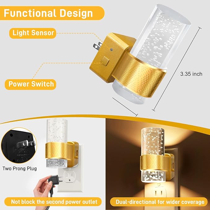 Night Lights Plug into Wall - Dimmable Nightlight with Dusk to Dawn Sensor 0-100 LM Brightness Plug in Night Light for Bathroom Bedroom Hallway (Gold)