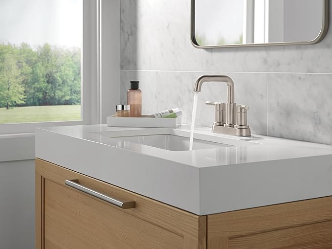 Delta Nicoli Centerset Brushed Nickel Bathroom Faucet with Sprayer, 4 Inch 3 Hole Bathroom Sink Faucet with Pull Out Sprayer, Push-Pop Drain, Stainless 25849LF-SS