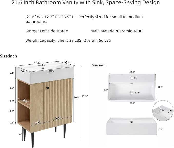 Merax 21.6 Inch Bathroom Vanity with Top Sink, Modern Small Bathroom Storage Cabinet with Left Side Storage, Solid Wood Frame Single Sink Bath Vanities, Natural