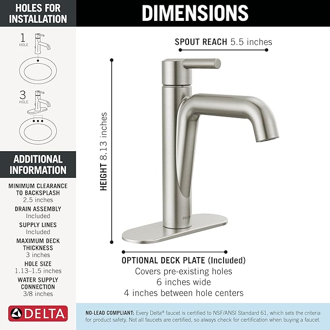 Delta Nicoli Brushed Nickel Bathroom Faucet 1 Hole, Single Hole Bathroom Sink Faucet for Vanity, Push-Pop Drain Assembly, Stainless 15849LF-SS