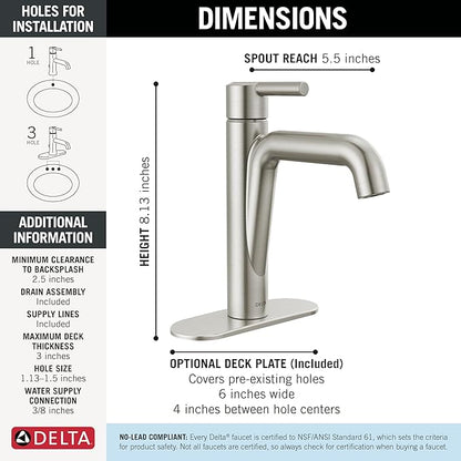 Delta Nicoli Brushed Nickel Bathroom Faucet 1 Hole, Single Hole Bathroom Sink Faucet for Vanity, Push-Pop Drain Assembly, Stainless 15849LF-SS