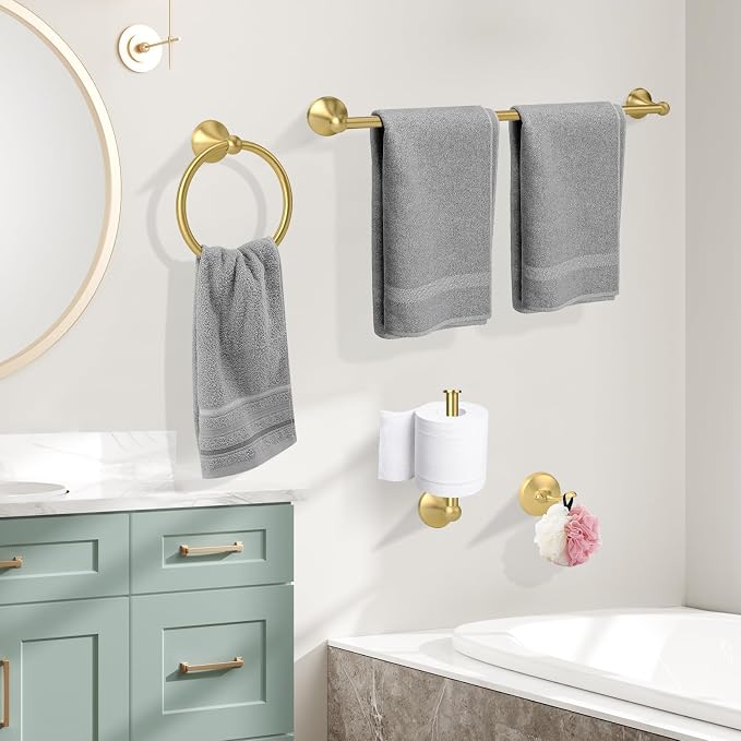 4 Piece Antique Bathroom Hardware Accessories Set Brushed Gold,24 Inch Towel Bar Set,Towel Rack Set,Bathroom Towel Holder Set