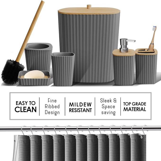 Clara Clark Bathroom Set, Shower Curtain Set, Bathroom Accessory Set | 20 Piece Grey Bathroom Accessories Set with Toothbrush Holder, Soap Dispenser, Soap Dish, Toilet Brush, and Trash Can