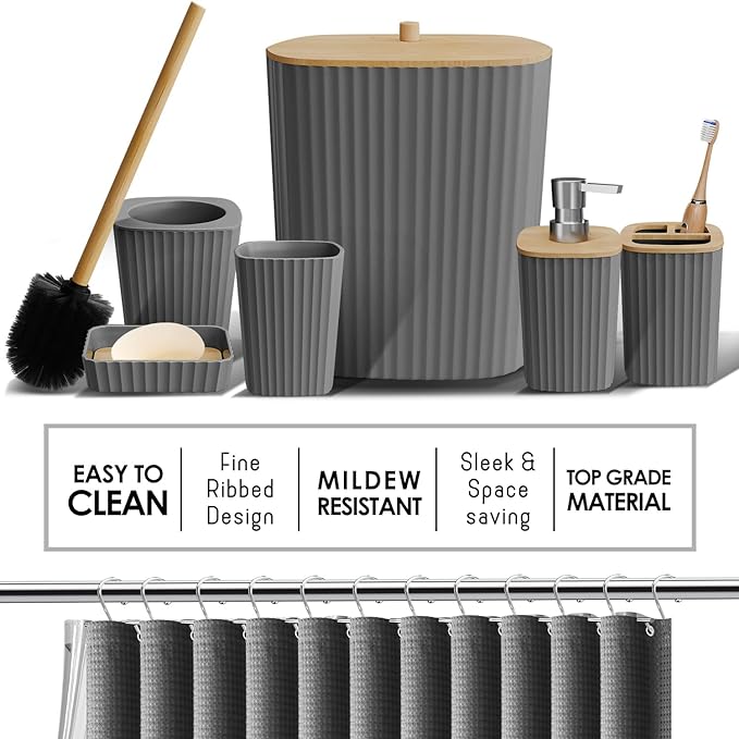 Clara Clark Bathroom Accessories Set - Bathroom Set, Bathroom Sets with Shower Curtain and Rugs, Shower Curtain Set with Bathroom Trash Can - Ombre Grey - 22PC | 22 Piece Ombre Grey Bathroom Accessories Set with Toothbrush Holder, Soap Dispenser, Soap ...