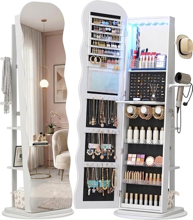 Vlsrka 360° Swivel Jewelry Armoire with Full Length Wave Mirror, White | Lockable Mirror Jewelry Cabinet Standing, Interior LED Makeup Mirror, Foldable Shelf, Large Capacity, Gift for Women, Girls