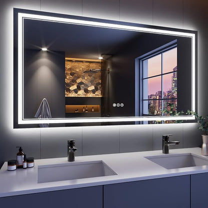 55x30 Inch LED Bathroom Mirror with Lights | Front and Backlit, 3 Colors, Dimmable, Memory, Anti Fog, Shatterproof, Horizontal/Vertical, Lighted Mirrors for Bathroom Wall