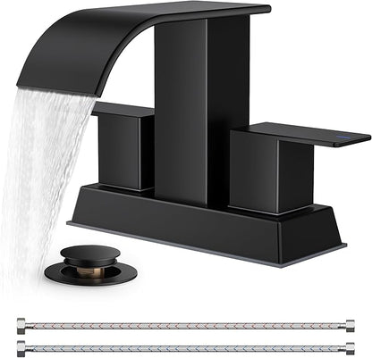 FORIOUS 4 Inch Centerset Matte Black Bathroom Faucet, 2 or 3 Hole Waterfall Square Bathroom Sink Faucet with Metal Pop-up Drain and Supply Lines, Two Handles for Vanity, Lavatory Room, Pedestal