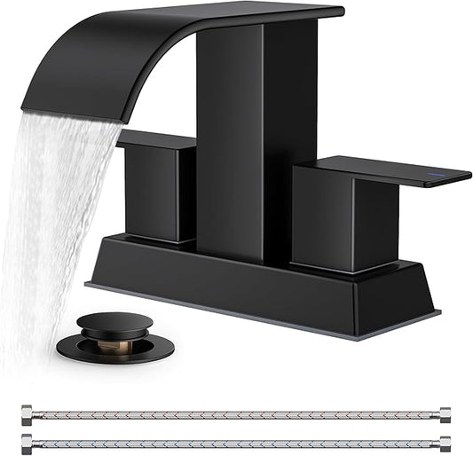 FORIOUS 4 Inch Centerset Matte Black Bathroom Faucet, 2 or 3 Hole Waterfall Square Bathroom Sink Faucet with Metal Pop-up Drain and Supply Lines, Two Handles for Vanity, Lavatory Room, Pedestal