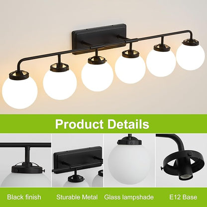 Bathroom Light Fixtures Over Mirror, 6-Light Matte Black Vanity Lighting with Milk White Glass Globe Shades Modern Wall Sconce