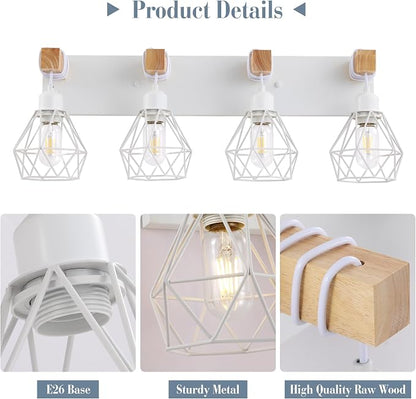 VbiTmn Bathroom Light Fixtures, 4 Light White Farmhouse Wood Vanity Lights | Rustic Design, Diamond Metal Shades, Easy to Install, Wall Sconces for Bathroom, Bedroom, Makeup Area, Over Vanity Mirror "