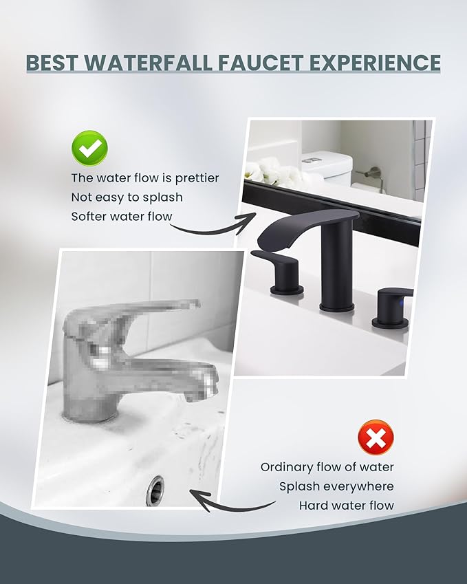 WOWOW Waterfall Bathroom Faucet 3 Hole: 8 Inch Widespread Bathroom Sink Faucet, Matte Black Bathroom Faucet Two Handles Lavatory Vanity Sink Faucets with Pop-up Drain & Supply Hoses