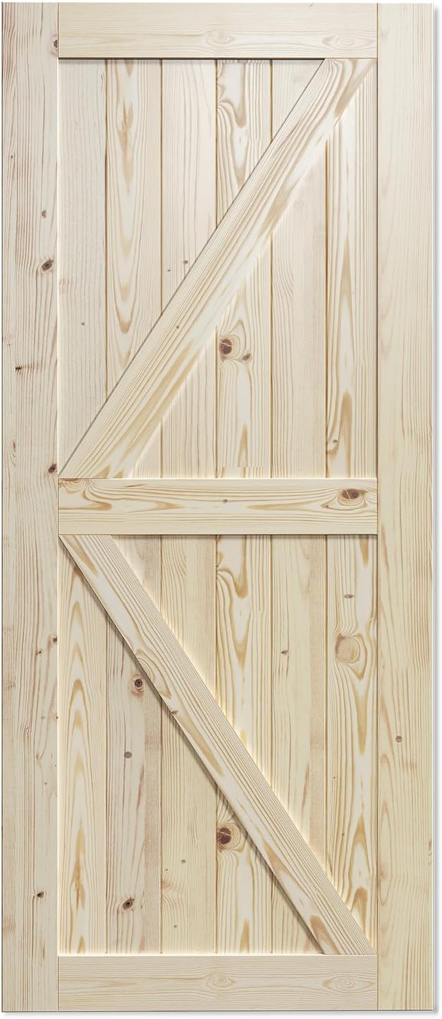 SmartStandard 36in x 84in Sliding Barn Wood Door Pre-Drilled Ready to Assemble, DIY Unfinished Solid Spruce Wood Panelled Slab, Interior Single Door Only, Natural, K-Frame (Fit 6FT-6.6FT Rail) | Pre-Drilled Ready to Assemble, DIY Unfinished Solid Spruc...