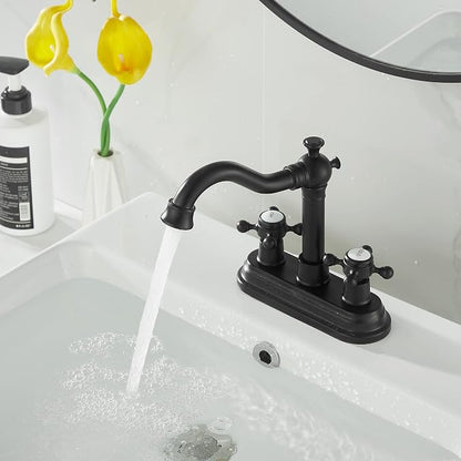 Bathroom Faucet Matte Black 2 Handles 4 Inches Centerset Black Bathroom Vanity with Drain Assembly and Supply Hose Lavatory Faucet