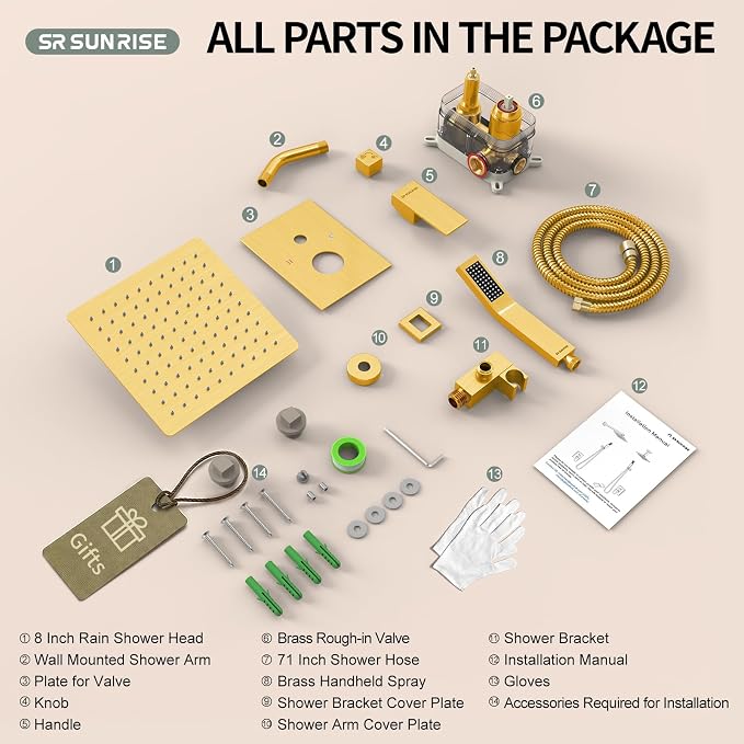 SR SUN RISE Shower System - Shower Faucet Set with 8 Inch Rain Shower Head and Handheld Shower - High Pressure Rain Shower System - All Metal Shower Faucet Trim Repair Kits - Brushed Gold