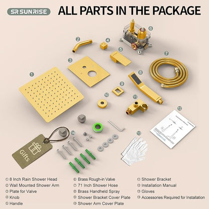 SR SUN RISE Shower System - Shower Faucet Set with 8 Inch Rain Shower Head and Handheld Shower - High Pressure Rain Shower System - All Metal Shower Faucet Trim Repair Kits - Brushed Gold